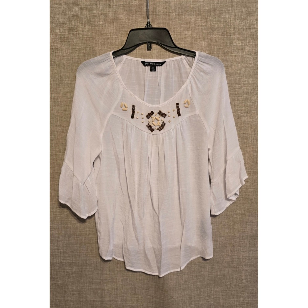 Zac & Rachel Petite White Beaded Boho Blouse Ruffle Bell Sleeve Top PM
